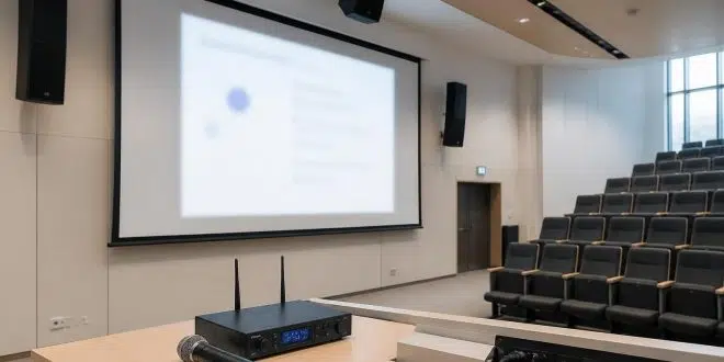 guide pratique pour associer un micro et des enceintes à un écran de projection dans un amphithéâtre afin d'optimiser la qualité sonore et l'expérience audiovisuelle.