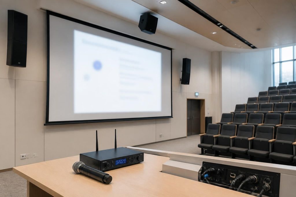 guide pratique pour associer un micro et des enceintes à un écran de projection dans un amphithéâtre afin d'optimiser la qualité sonore et l'expérience audiovisuelle.