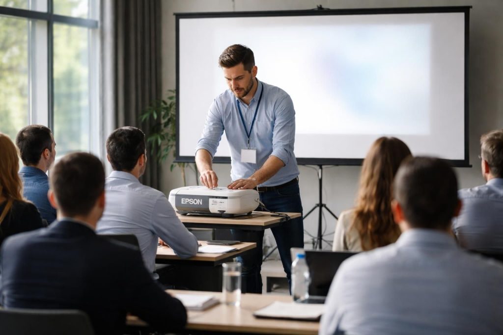 découvrez comment effectuer rapidement les réglages essentiels de votre vidéoprojecteur epson avant une présentation en public lors de notre conférence dédiée.