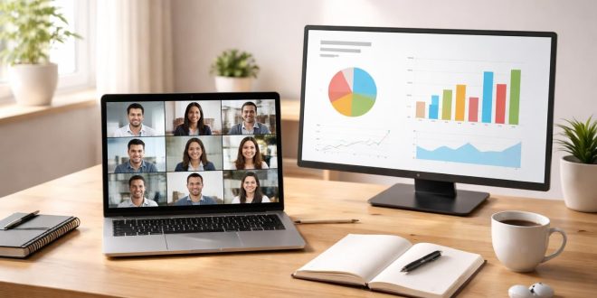 découvrez un cours hybride alliant pc portable pour visioconférences et présentation avec un setup simple et efficace, idéal pour un apprentissage flexible.