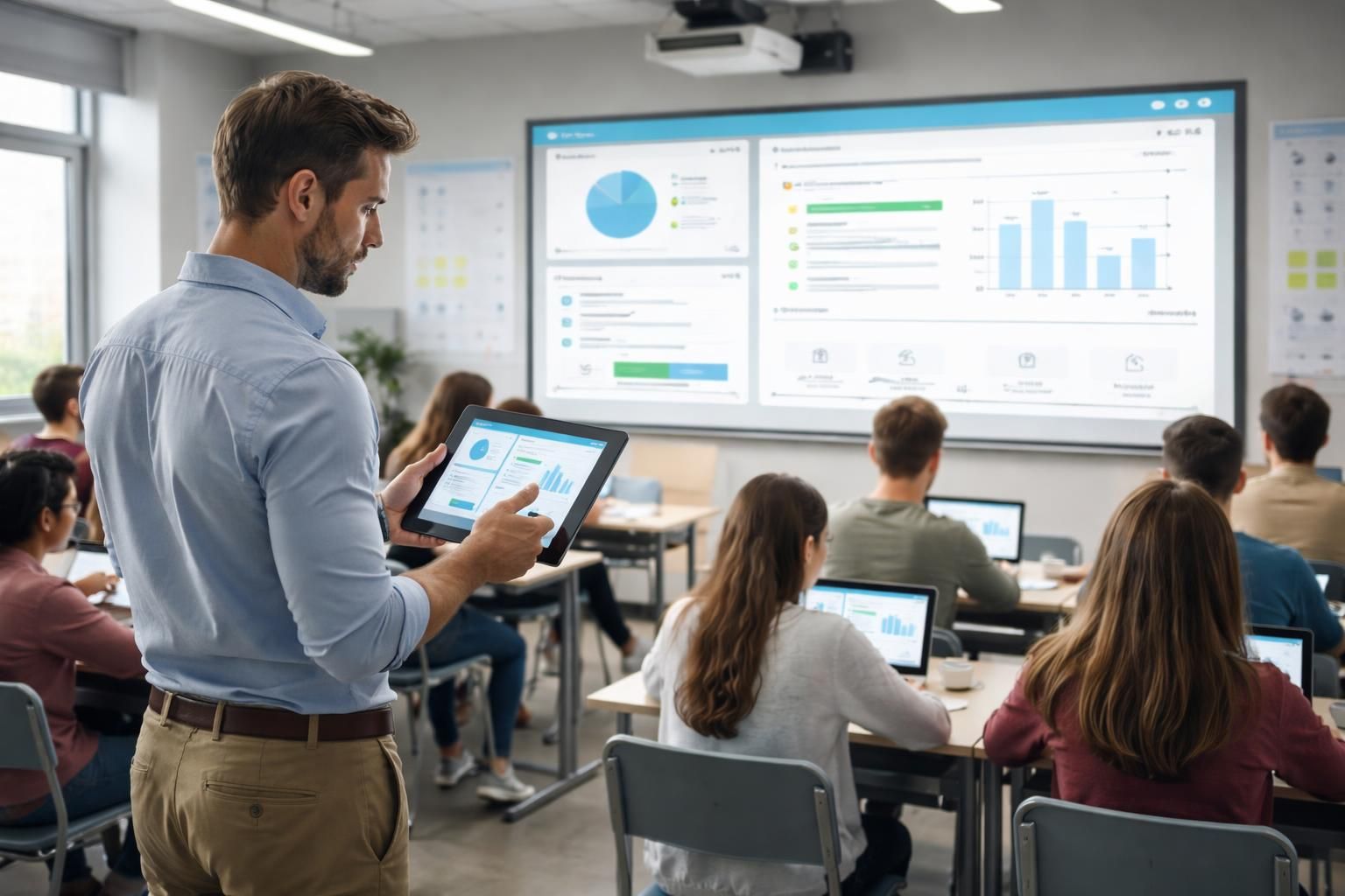 découvrez comment les professeurs utilisent la tablette tactile comme une « télécommande » pour orchestrer le cours et gérer le rythme d'apprentissage de manière interactive et dynamique.