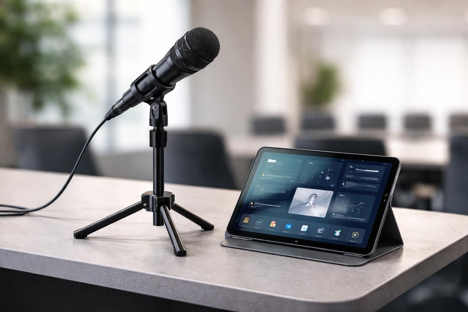 découvrez notre salle de conférence mobile complète avec trépied, micro et tablette tactile pour un setup facile et efficace, idéal pour toutes vos réunions et présentations.