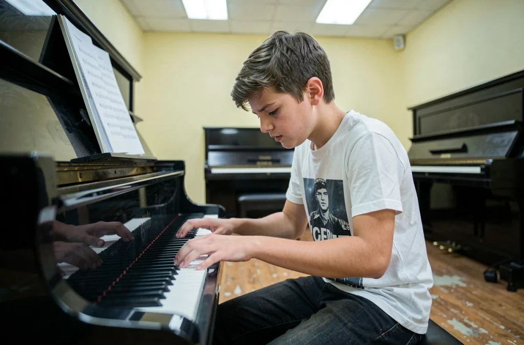 Adolescent débutant au piano à queue dans une salle de musique scolaire avec une mauvaise lecture de partition