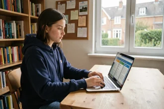 Adolescente consultant ses devoirs et ses notes sur la plateforme NÉO Yvelines depuis son bureau à la maison