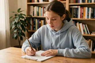 Adolescente concentrée qui complète un test de QI scolaire sur papier dans sa chambre