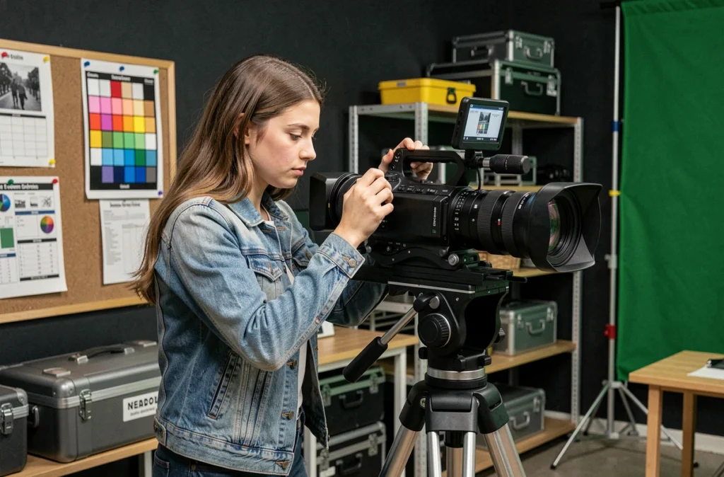 Étudiante en formation cinéma manipulant une caméra professionnelle dans les studios Aix Film Lab