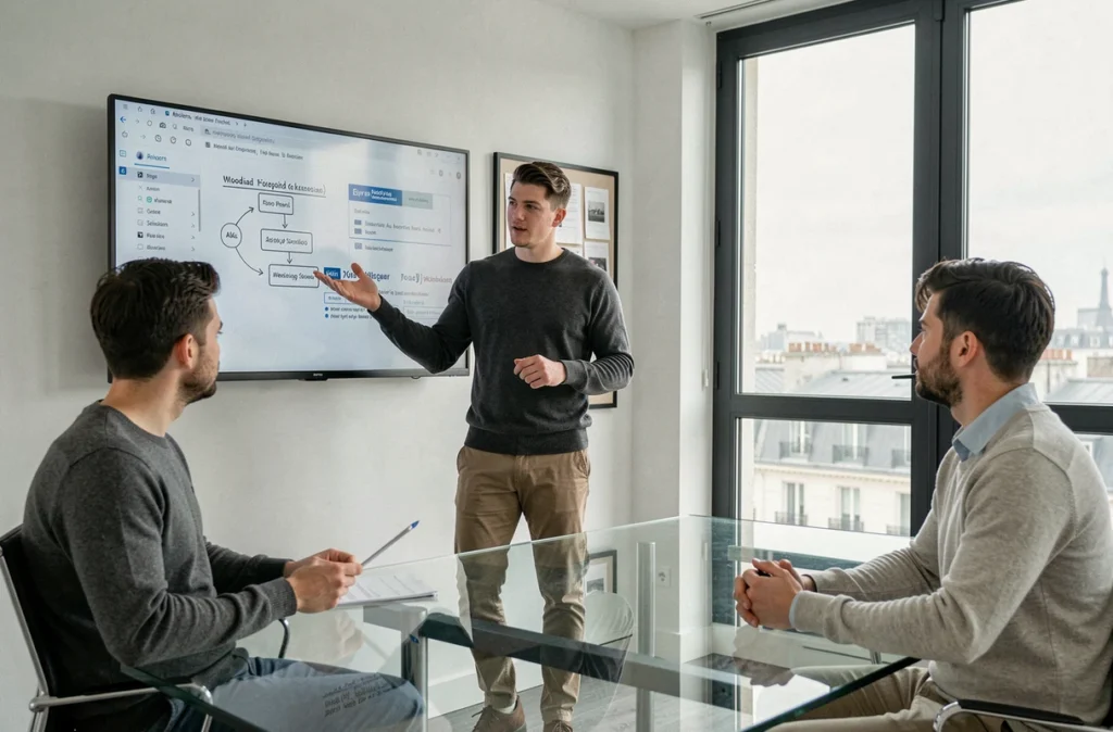 Alternant en marketing digital présentant une stratégie de campagne à son équipe dans une salle de réunion d'agence parisienne