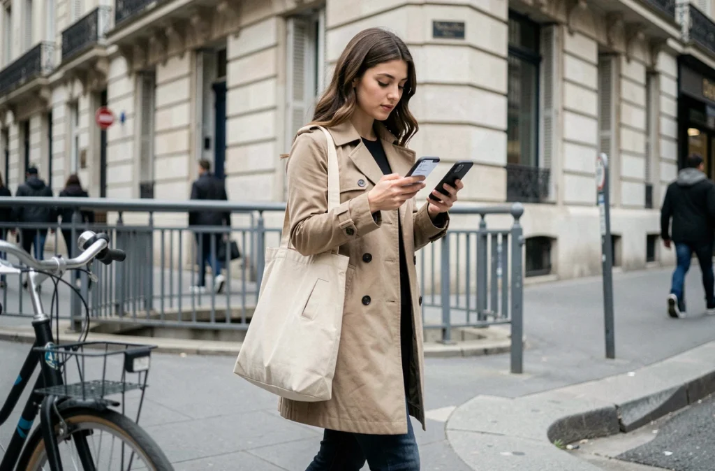 Jeune alternante en marketing digital marchant dans les rues de Paris entre l'école et son entreprise en alternance