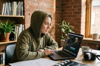 Jeune femme apprenant la réalisation vidéo sur un ordinateur portable dans un espace de travail à domicile avec des notes et une caméra mirrorless
