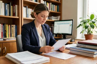 Chercheuse consultant les résultats du concours CNRS dans un bureau universitaire entouré de documents académiques