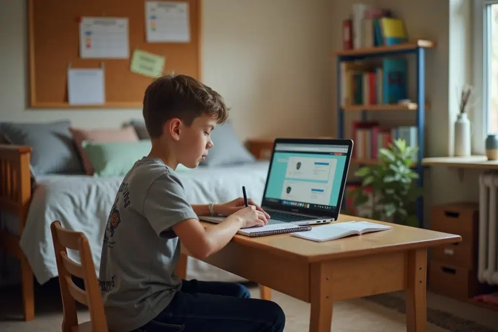 Un collégien travaille seul à son bureau dans sa chambre, entouré de ses cahiers et d'un ordinateur portable pour faire ses devoirs en autonomie.
