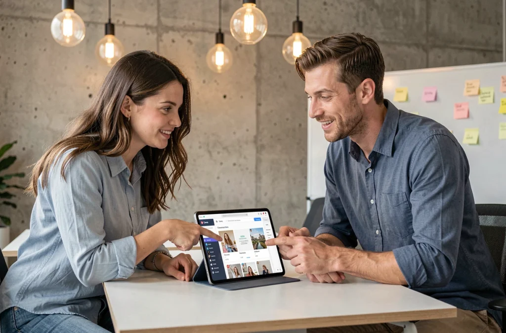 Deux collègues en espace de coworking analysant des templates Canva pour créer des supports qui convertissent