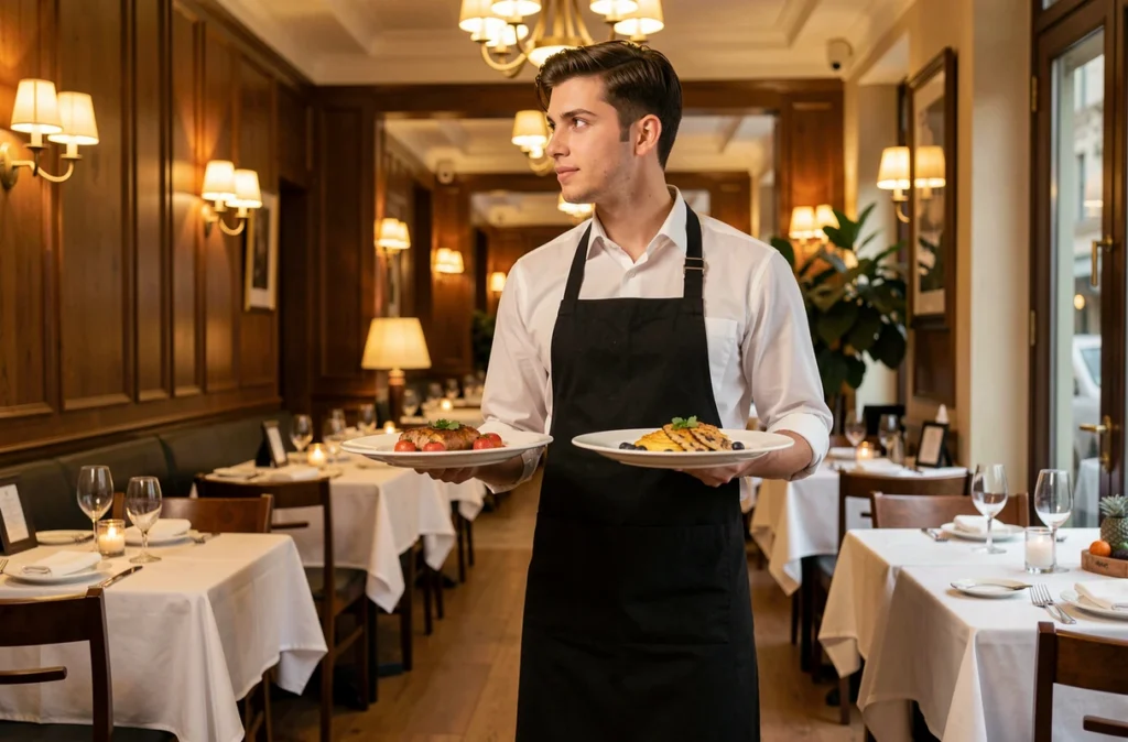 Commis de salle apportant des plats dans la salle d'un restaurant