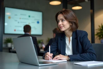 Femme de quarante ans prenant des notes lors d'une conférence digitale pour débutants à Paris dans un espace de coworking moderne