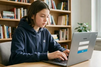 Adolescente se connectant à son espace élève Monlycée PSN sur un ordinateur portable depuis sa chambre