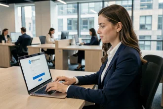 Femme professionnelle se connectant à un portail d'authentification en ligne sur un ordinateur portable dans un bureau moderne