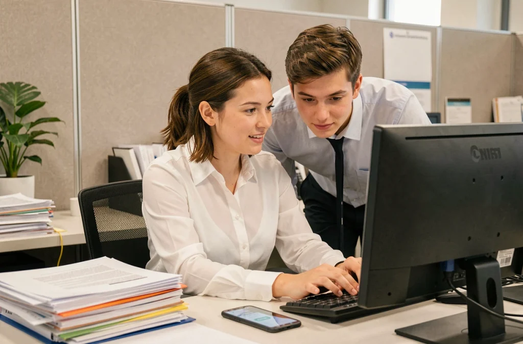 Conseillère académique montrant l'accès aux services ArenA ac Amiens sur smartphone à un collègue dans un bureau universitaire