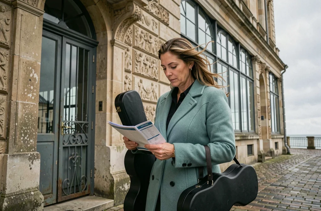 Femme violoniste devant la façade du Conservatoire à rayonnement départemental de Boulogne-sur-Mer