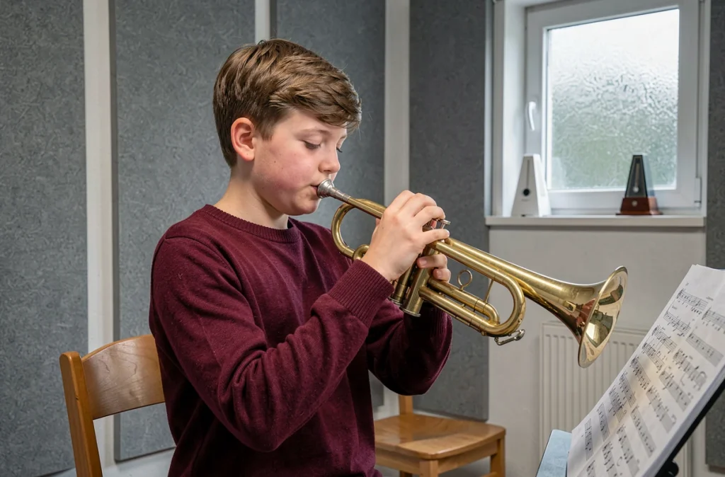 Adolescent pratiquant la trompette dans une salle de répétition du Conservatoire à rayonnement départemental de Douai