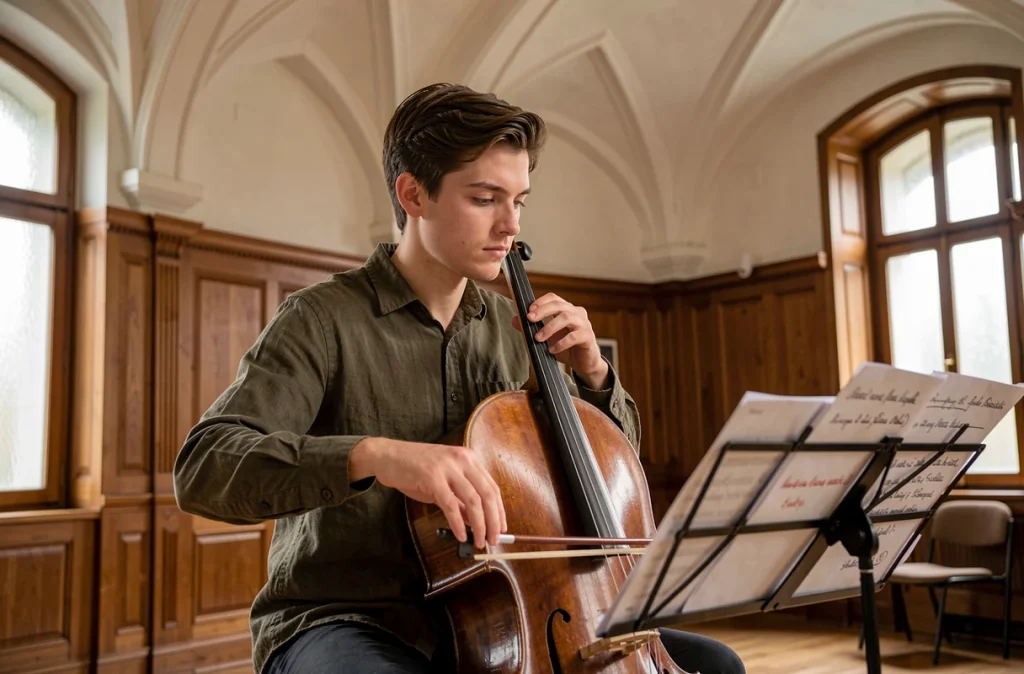 Jeune violoncelliste en pleine répétition dans une salle du Conservatoire à rayonnement régional d'Amiens