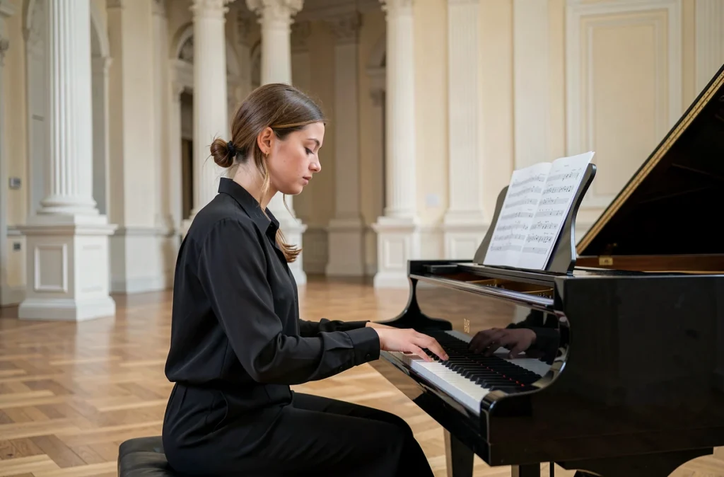 Jeune femme jouant du piano à queue dans la grande salle du Conservatoire à rayonnement régional de Lille