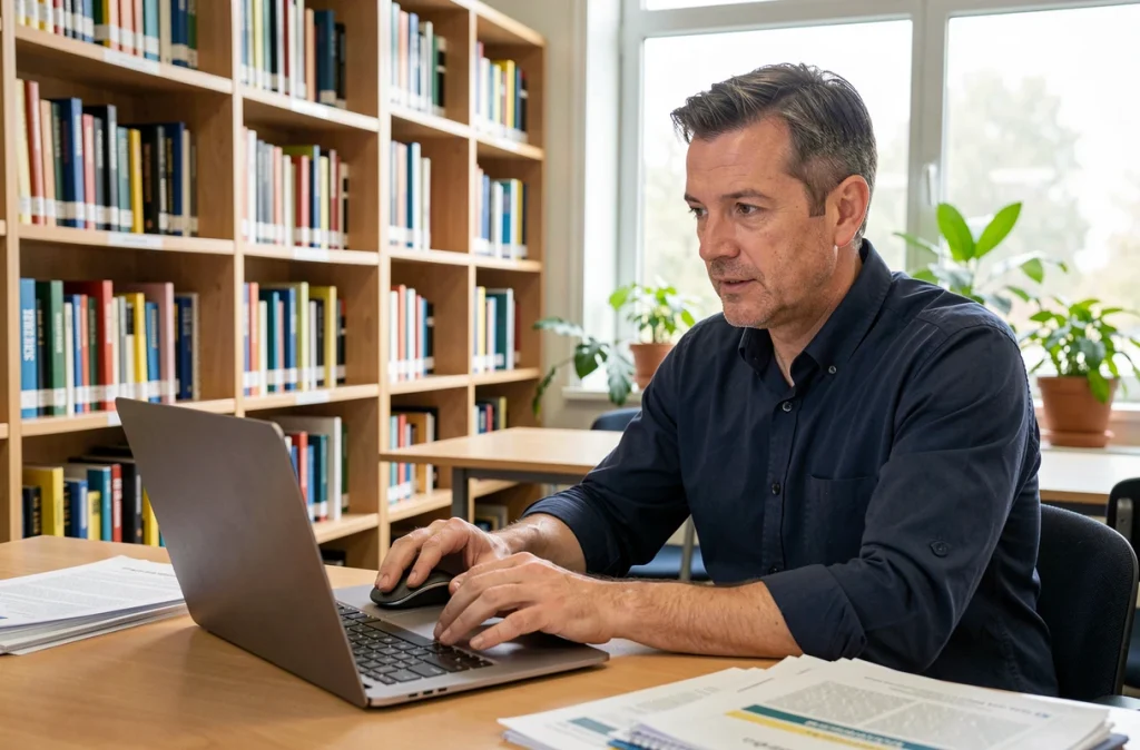 Enseignant consultant des ressources pédagogiques en ligne dans une bibliothèque scolaire