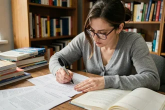 Enseignante annotant des textes Fluence manuscrits sur un bureau en bois avec des cahiers ouverts