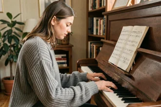 Jeune femme débutante au piano avec une posture incorrecte des mains sur un piano droit à la maison
