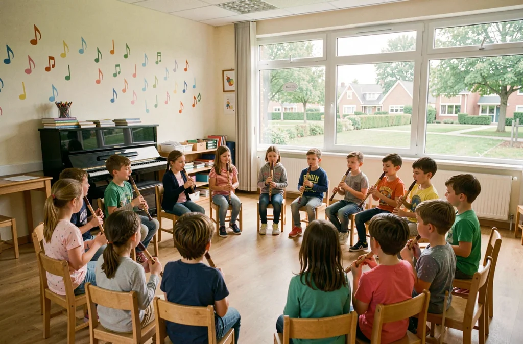 Professeure animant un cours collectif de musique pour enfants à l'école municipale Ivan-Renar de Villeneuve-d'Ascq