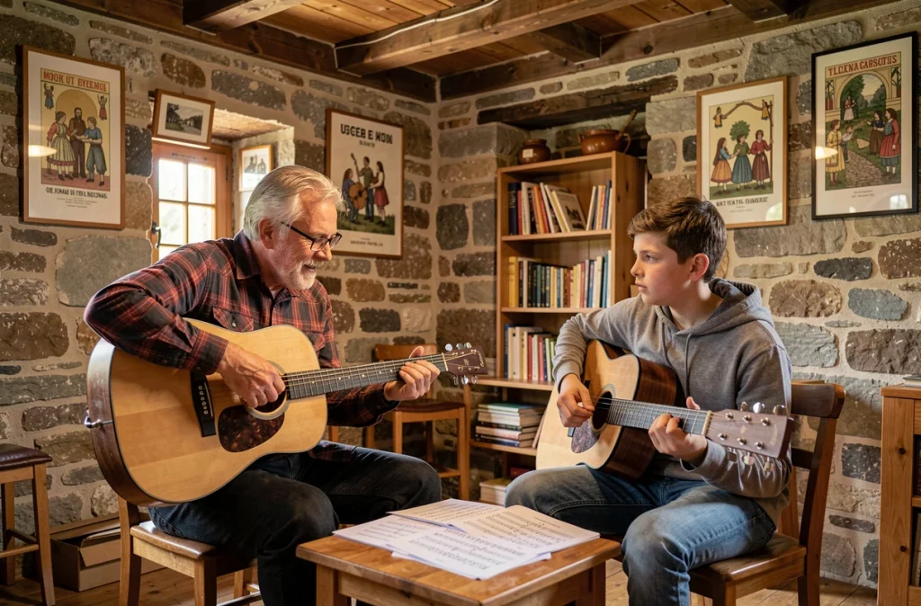 Cours de guitare acoustique entre un professeur et un élève dans la petite école de musique d'Anor