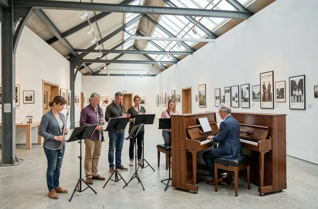 Ensemble de musiciens amateurs en répétition dans la salle de musique du pôle artistique de Saint-Omer