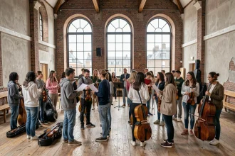 Groupe d'élèves musiciens de tous âges dans une salle de répétition d'une école de musique des Hauts-de-France