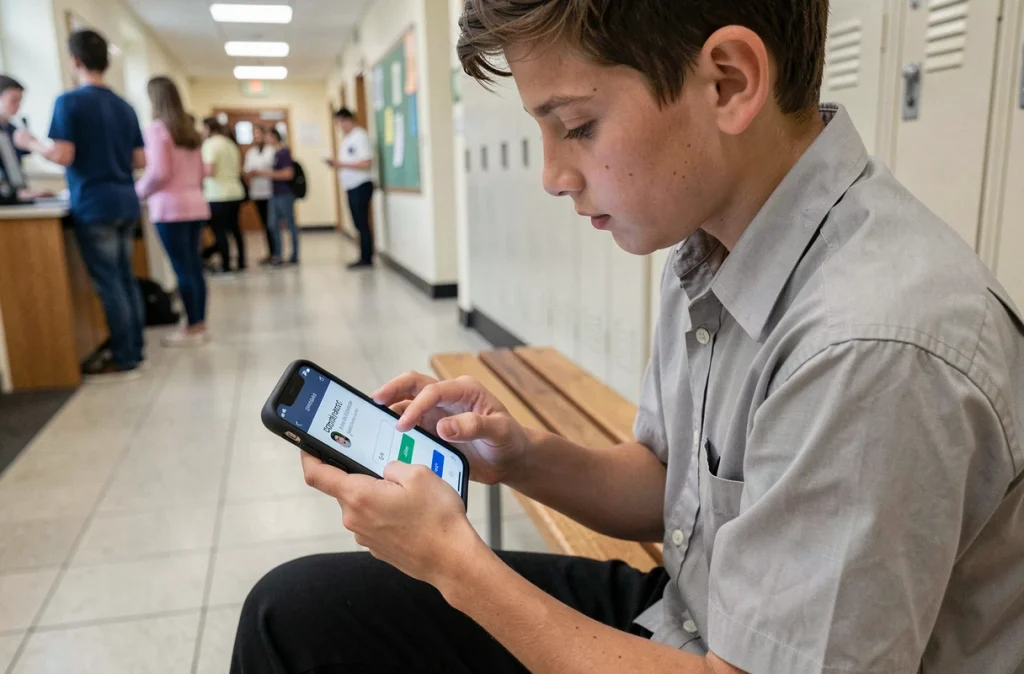 Lycéen se connectant à Monlycée PSN sur smartphone dans un couloir d'établissement scolaire