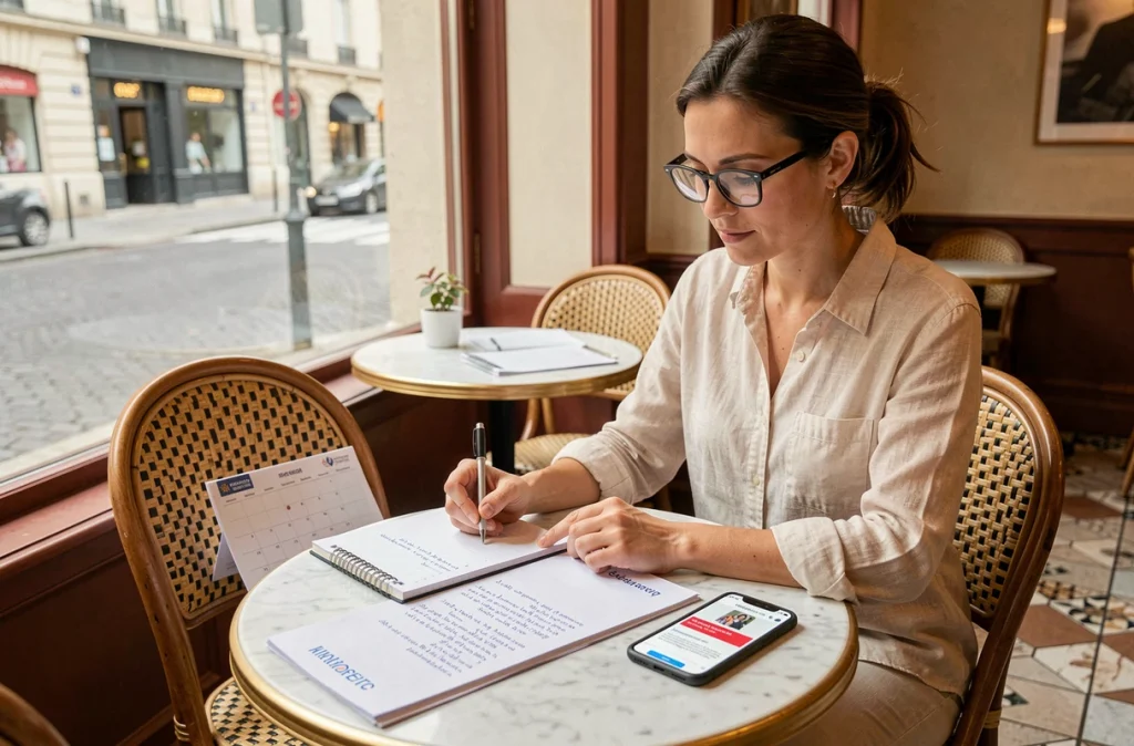 Enseignante planifiant les démarches administratives pour une mutation IProf dans un café avec calendrier et notes manuscrites