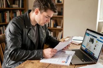 Jeune motard qui étudie le code de la route moto à son bureau avec un livre et un ordinateur portable