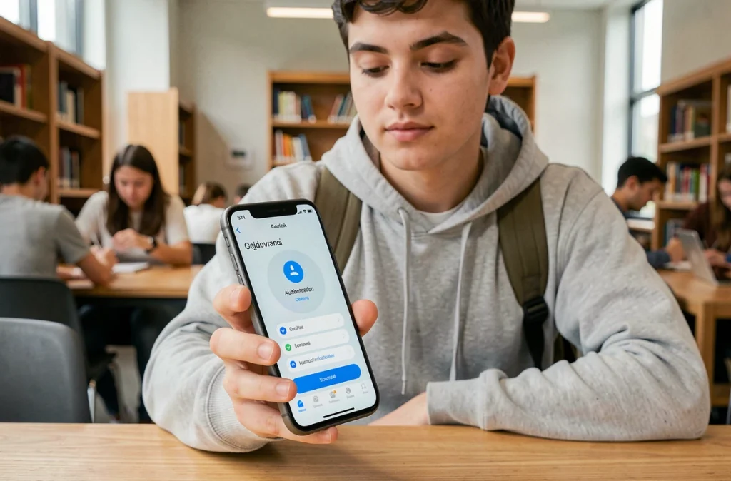 Étudiant consultant un portail d'authentification en ligne sur son smartphone dans une bibliothèque moderne