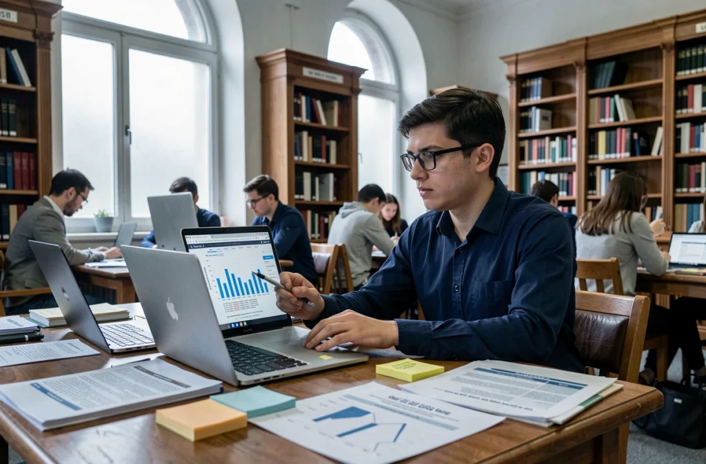 Étudiant comparant des classements d'universités internationales sur un ordinateur dans une bibliothèque universitaire