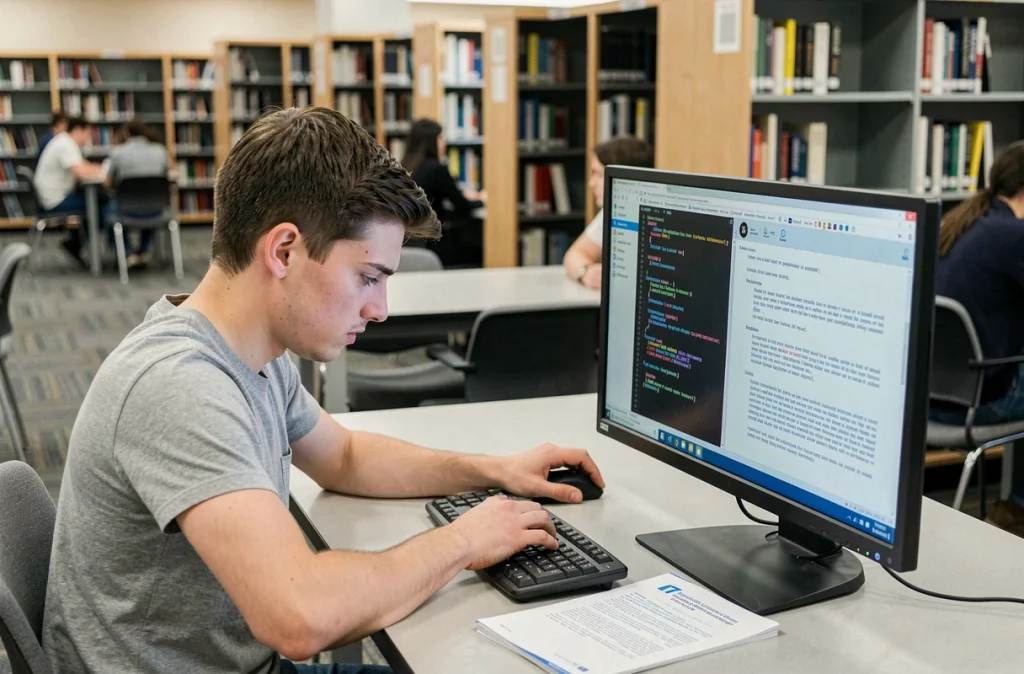Étudiant en train de résoudre un bug de connexion sur un ordinateur de bibliothèque universitaire