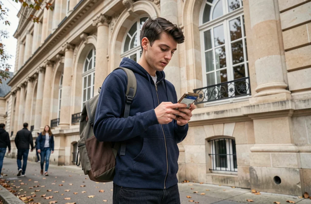 Étudiant de Sciences Po Bordeaux utilisant l'ENT sur son smartphone devant le bâtiment universitaire
