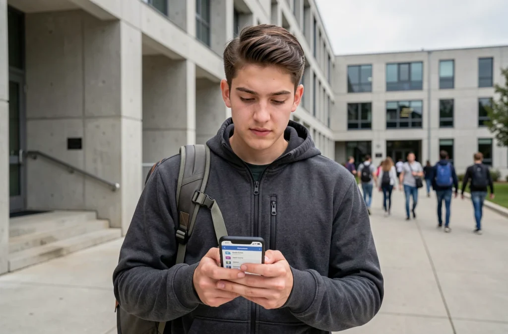 Étudiant masculin accédant aux services académiques en ligne sur mobile devant un bâtiment universitaire