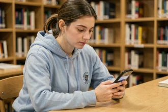 Étudiante consultant le portail académique ArenA ac Amiens sur son smartphone dans une bibliothèque universitaire