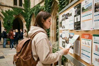 Étudiante consultant des classements d'universités mondiales sur un tableau d'affichage dans une cour de campus à l'étranger