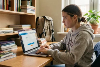Étudiante connectée à un portail universitaire en ligne sur son ordinateur portable dans une chambre de résidence universitaire