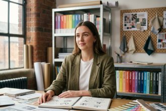 Étudiante en master de design graphique travaillant sur des maquettes typographiques dans un studio universitaire