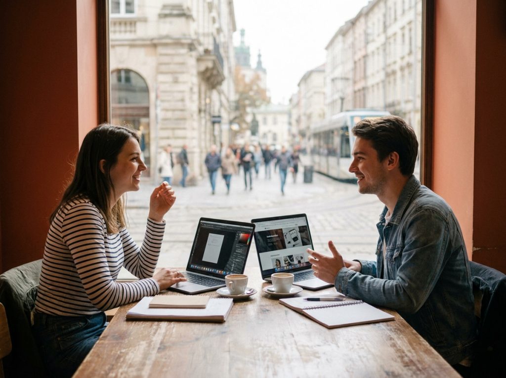 Deux étudiants en design graphique discutant de leur orientation en master autour d'un café avec leurs ordinateurs portables