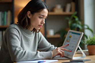 Femme utilisant l'application Comptalia sur tablette à son bureau à domicile