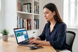 Femme analysant les options d'abonnement à une plateforme de formation marketing en ligne sur son ordinateur portable dans un bureau à domicile