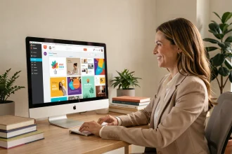 Femme professionnelle créant un support marketing sur Canva dans un bureau moderne, formation CPF en ligne