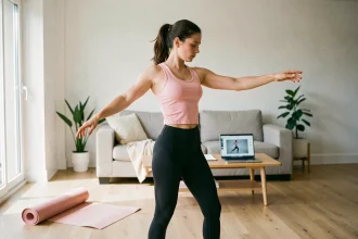 Jeune femme apprenant une chorégraphie en ligne dans son salon avec un tutoriel ouvert sur un ordinateur portable