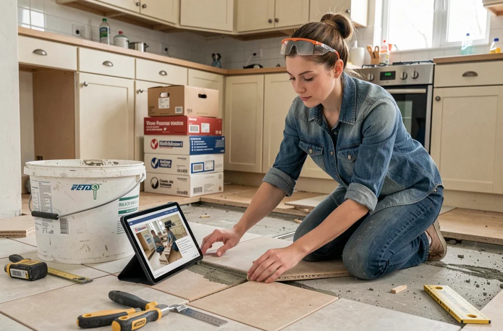 Une femme pose du carrelage en cuisine en suivant un tutoriel de bricolage sur tablette numérique